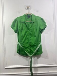 Antilla Femme Blouse Size 1X Green Short-sleeve Collared Button-down Ribbon Tie